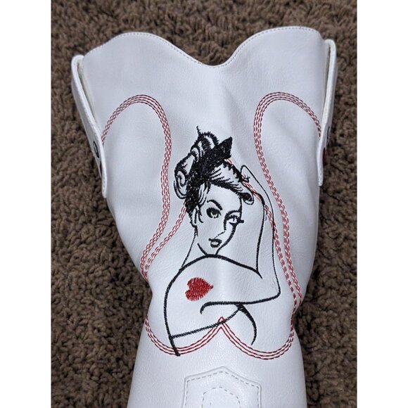 🆕Women White Faux Leather Mid Calf Cowboy with Queen of Hearts Embroidery Boots - Picture 2 of 8